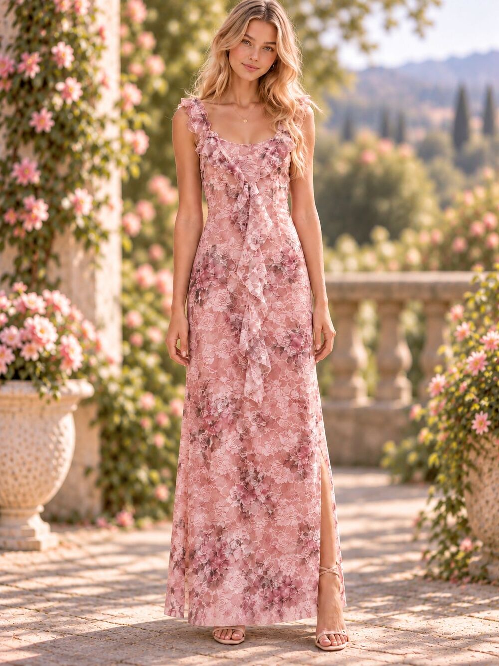 CIDER Womens XS Pink Floral Lace Maxi Dress Ruffle Straps Romantic NWT